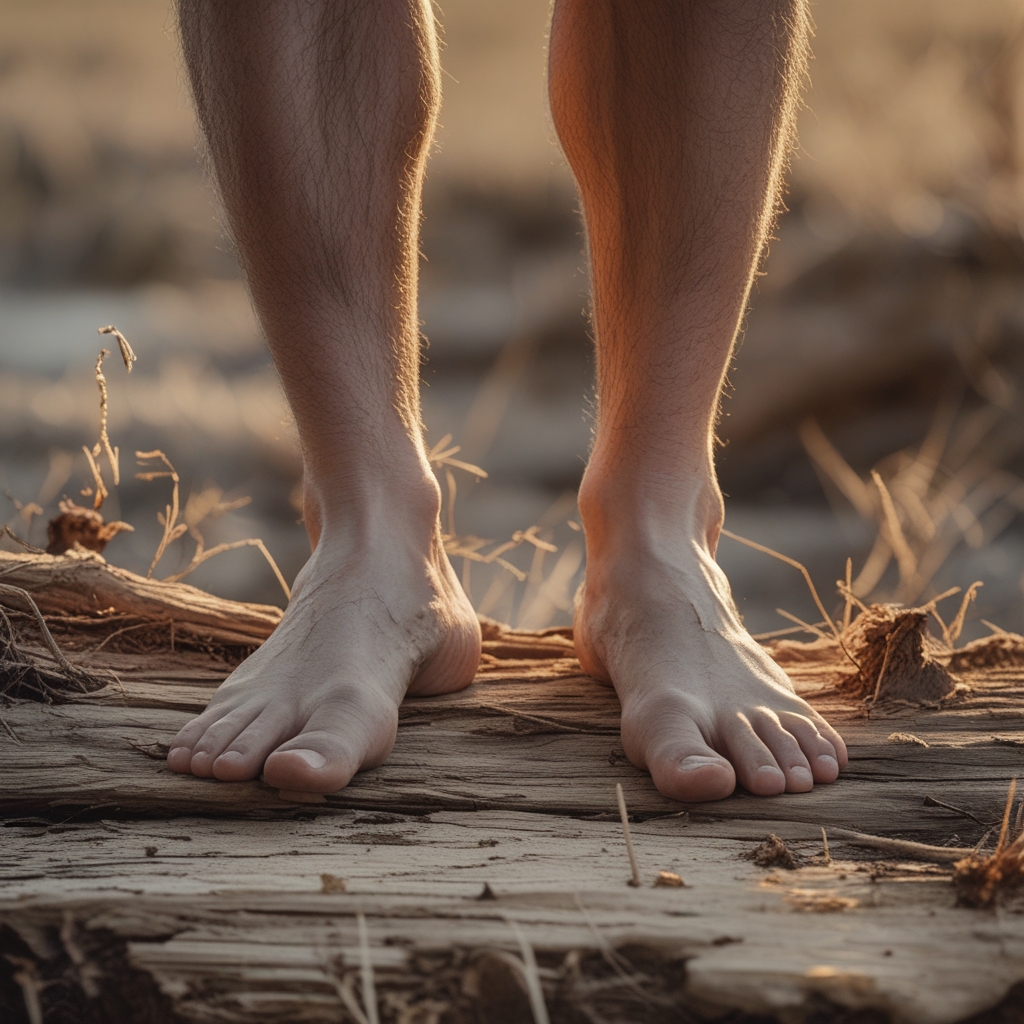 Nahaufnahme eines menschlichen Fußes und Knöchels in einer stabilen Stand-Pose auf natürlichem Holzboden, weiches Seitenlicht betont die Muskelkontur und Körperstruktur