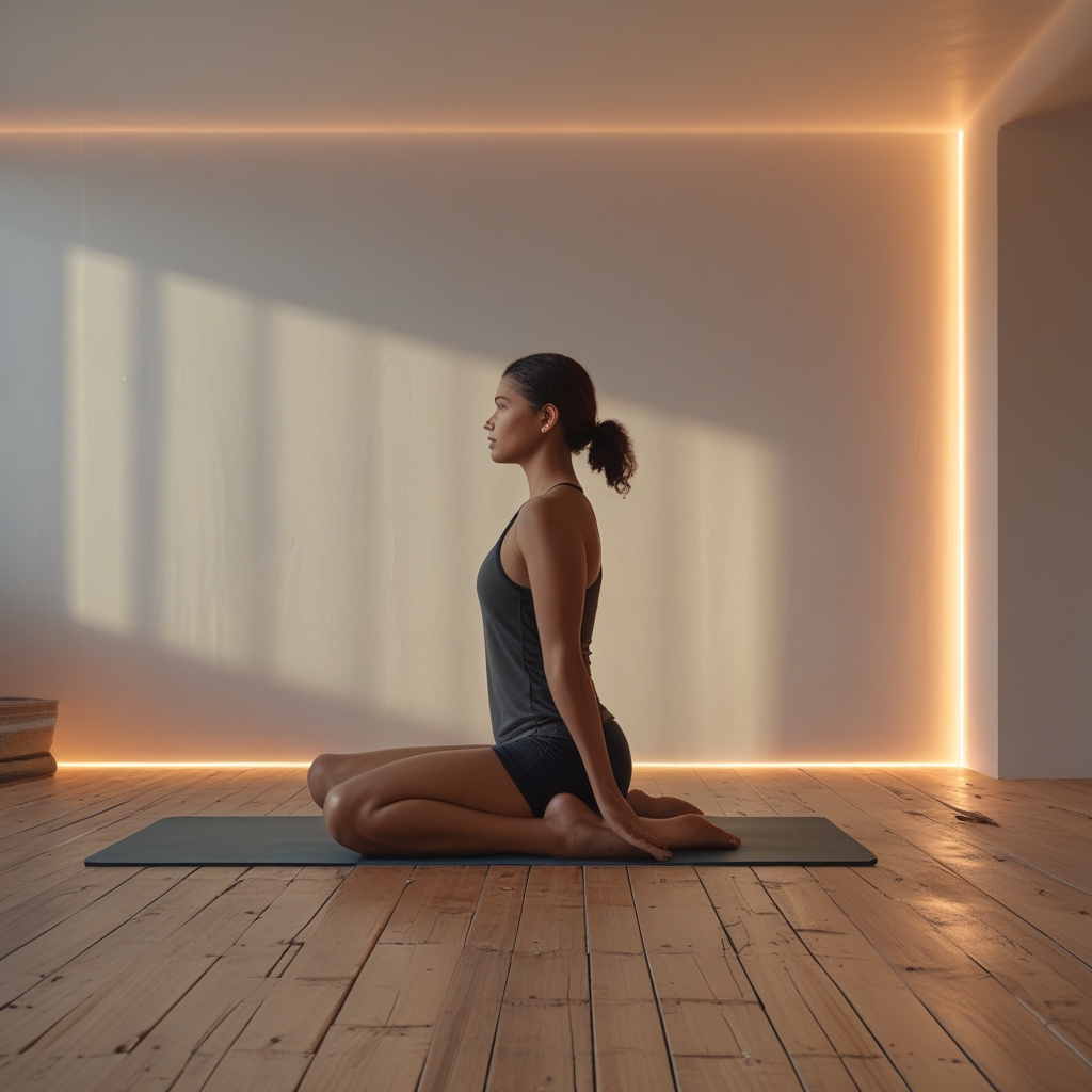 Person in einer Liegestützposition auf einem Holzdielenboden in einem ruhigen, schlicht eingerichteten Raum mit warmem Licht, das Muskeln und Körperspannung betont