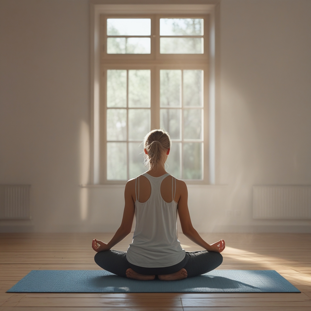Person in einer meditativen Sitzhaltung auf einem Kissen in einem ruhigen, schwach beleuchteten Raum mit warmem Holzboden und natürlichem Lichteinfall durch ein seitliches Fenster