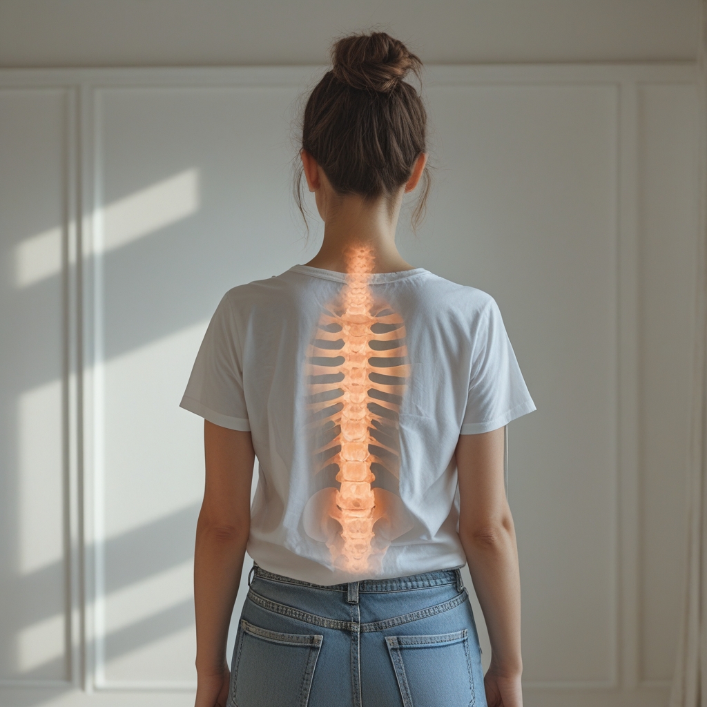 Rückenansicht einer aufrecht stehenden Person mit deutlich sichtbarer Wirbelsäulenausrichtung, in einem ruhigen, neutral beleuchteten Innenraum mit weißen Wänden