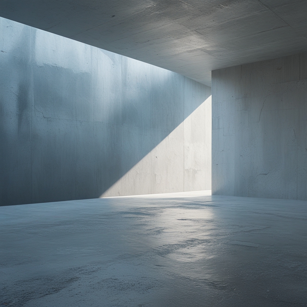 Abstrakte Aufnahme von Licht und geometrischen Schatten auf einer glatten Betonwand, die Strukturprinzipien und Tiefe symbolisiert, in gedämpften Graublauen Tönen